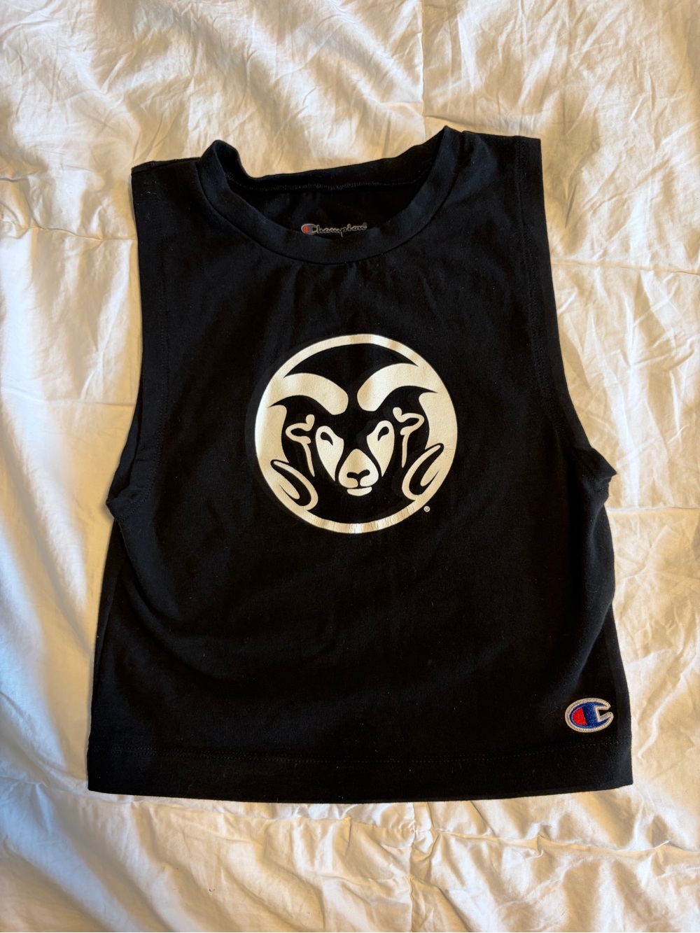 Champion Black Cropped Muscle Tank with Silver Ram Emblem